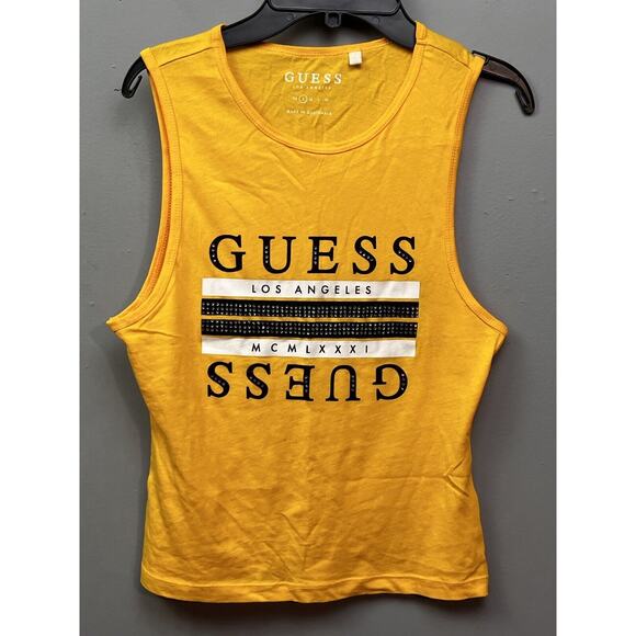 Guess Womens Los Angeles Muscle‎ Tee Womens Small Bling Yellow Graphic Retro - Picture 1 of 6